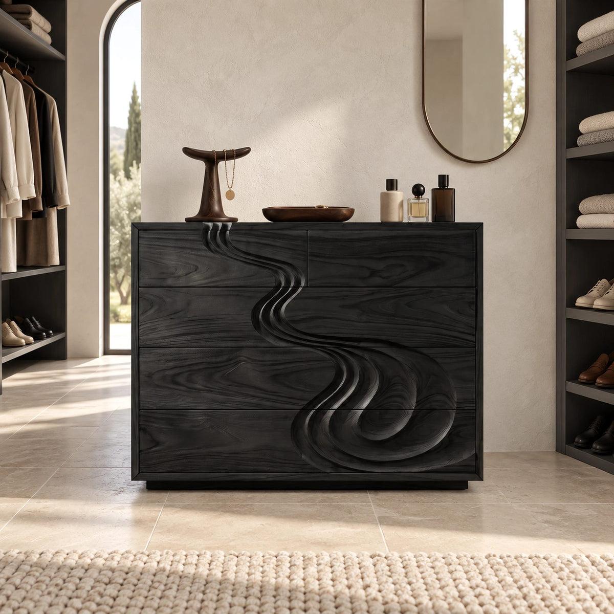 Sculptural Carved Wood Chest Of Drawers With Swirl Relief For Bedroom