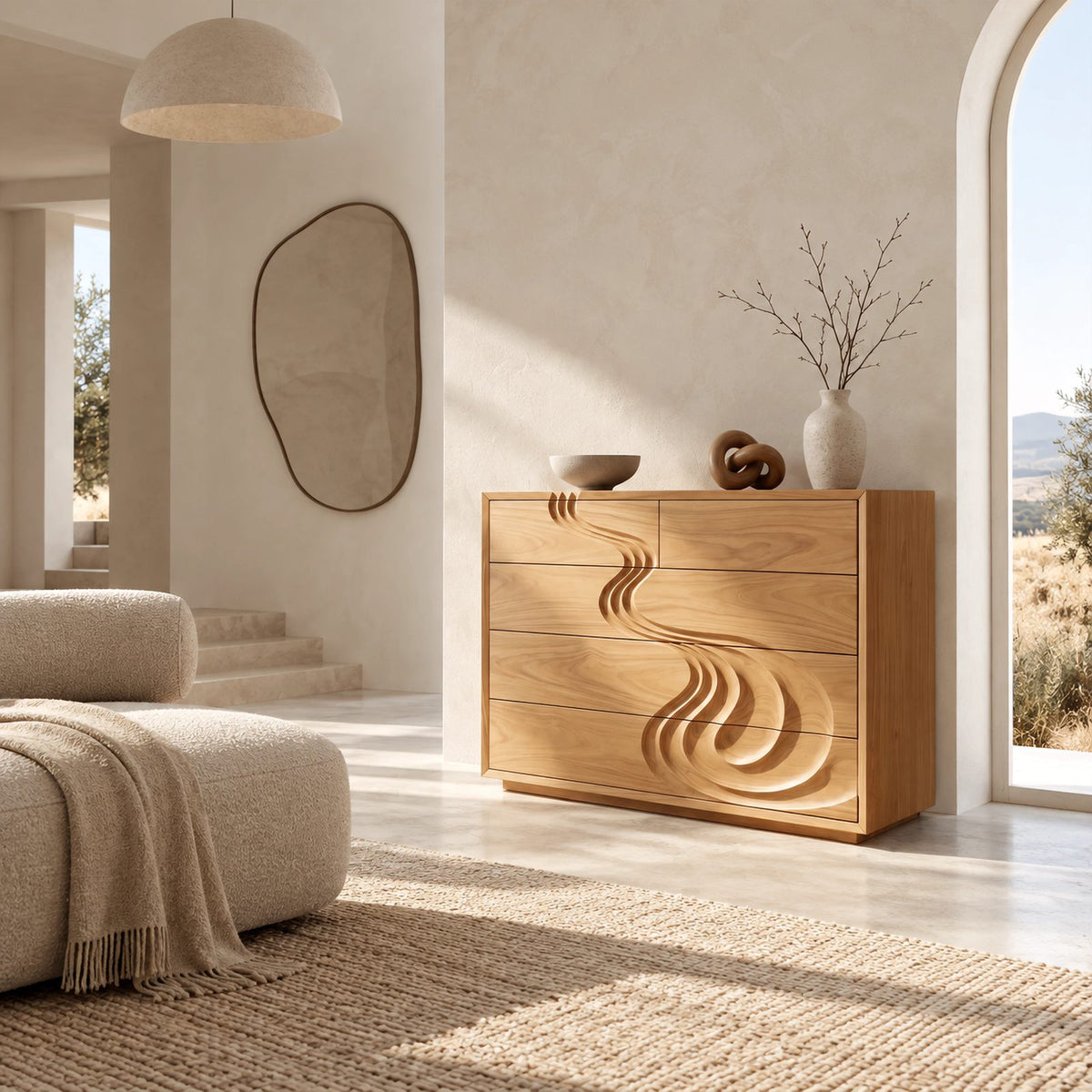 Sculptural Carved Wood Chest Of Drawers With Swirl Relief For Bedroom