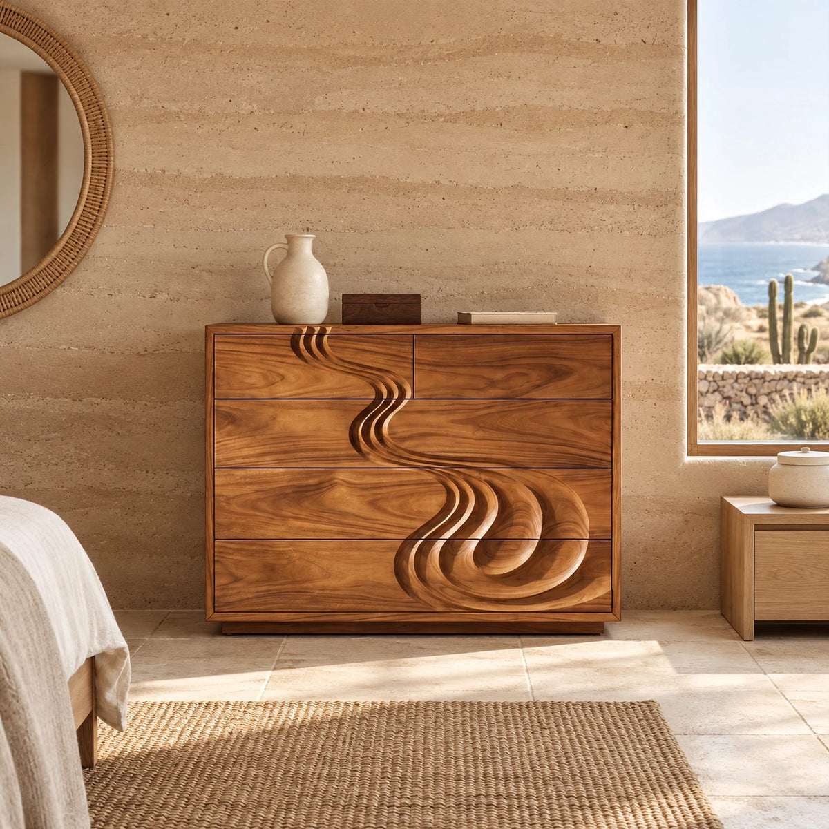 Sculptural Carved Wood Chest Of Drawers With Swirl Relief For Bedroom