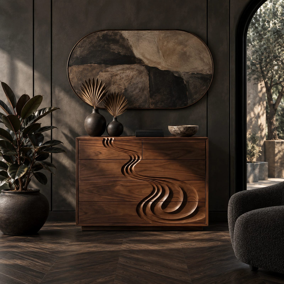 Sculptural Carved Wood Chest Of Drawers With Swirl Relief For Bedroom