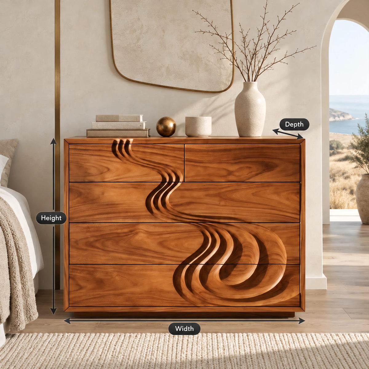 Sculptural Carved Wood Chest Of Drawers With Swirl Relief For Bedroom