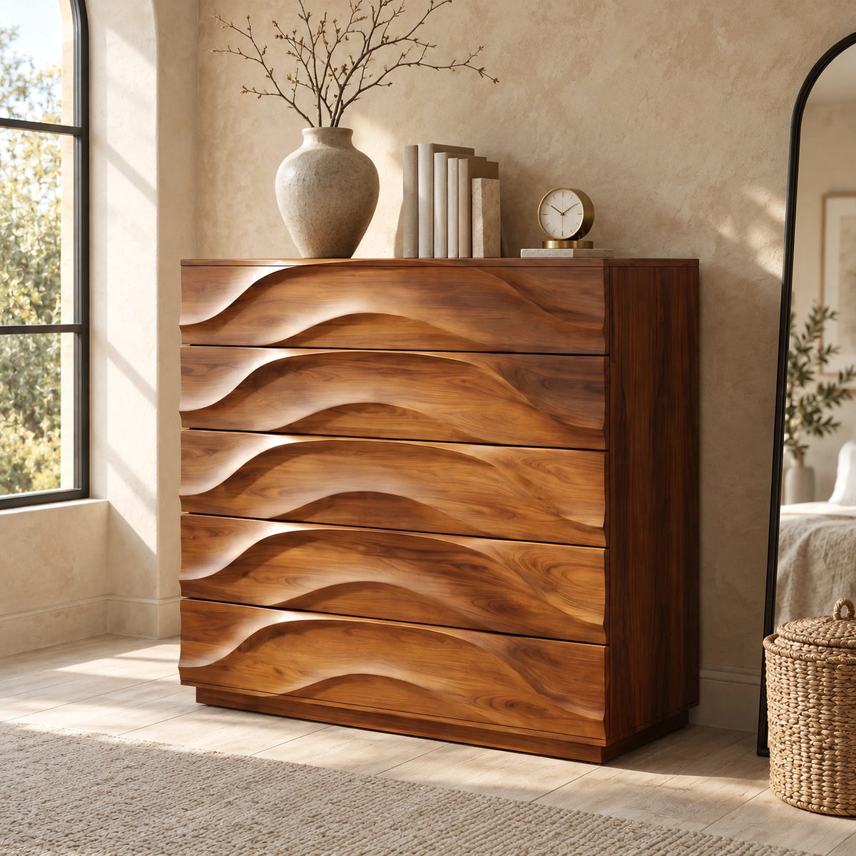 Handcrafted Solid Wood 5 Drawer Chest With Rippled Fronts For Bedroom