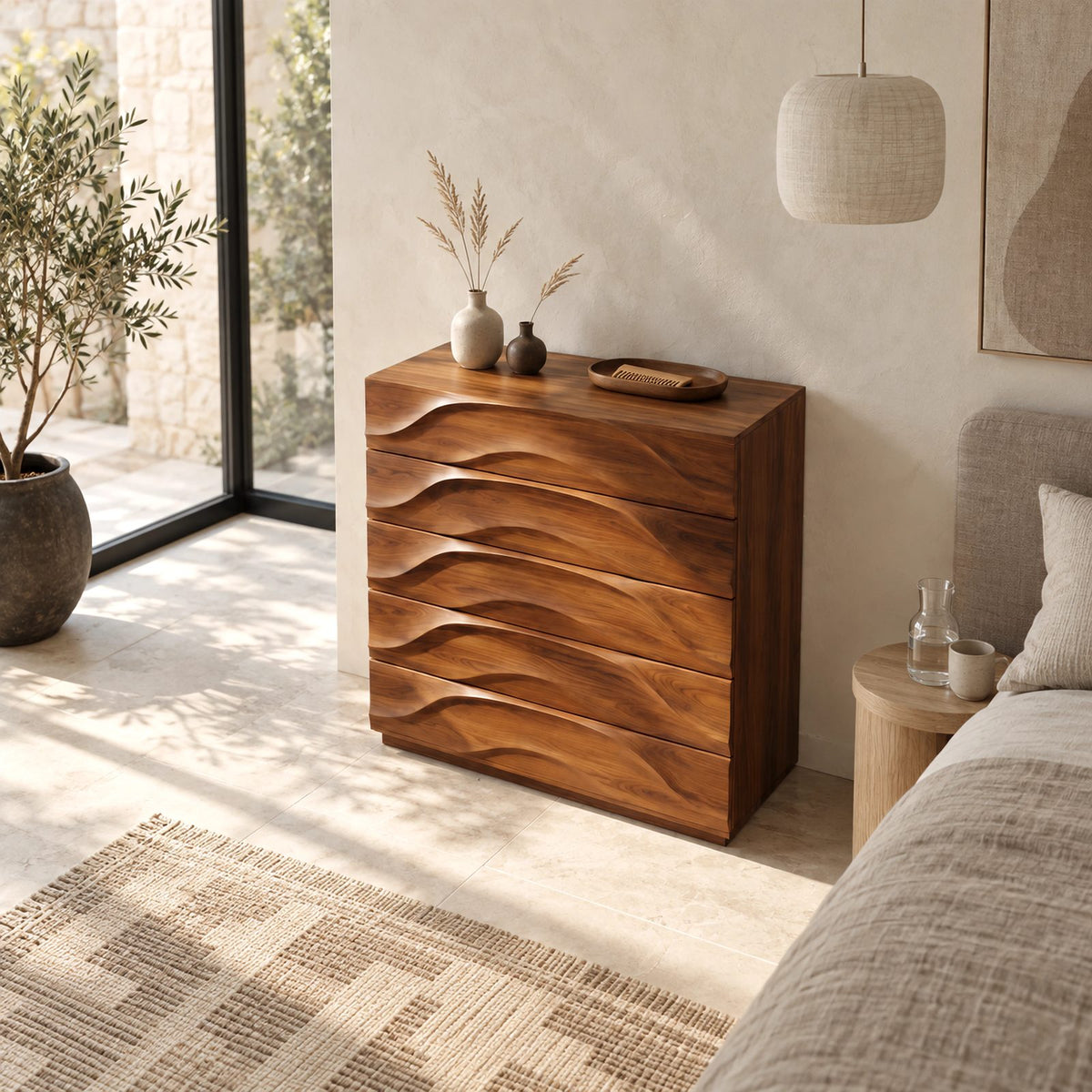 Handcrafted Solid Wood 5 Drawer Chest With Rippled Fronts For Bedroom