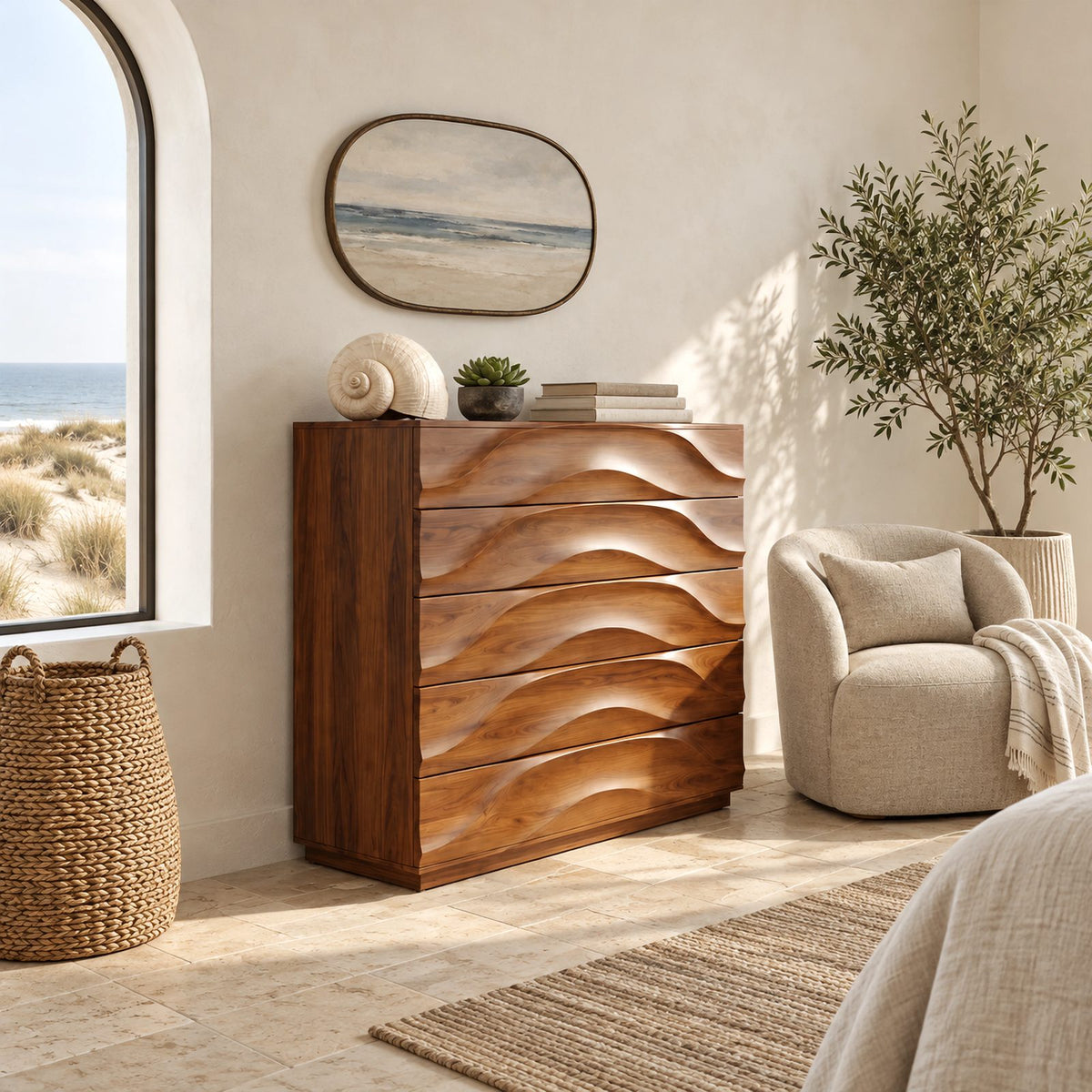 Handcrafted Solid Wood 5 Drawer Chest With Rippled Fronts For Bedroom
