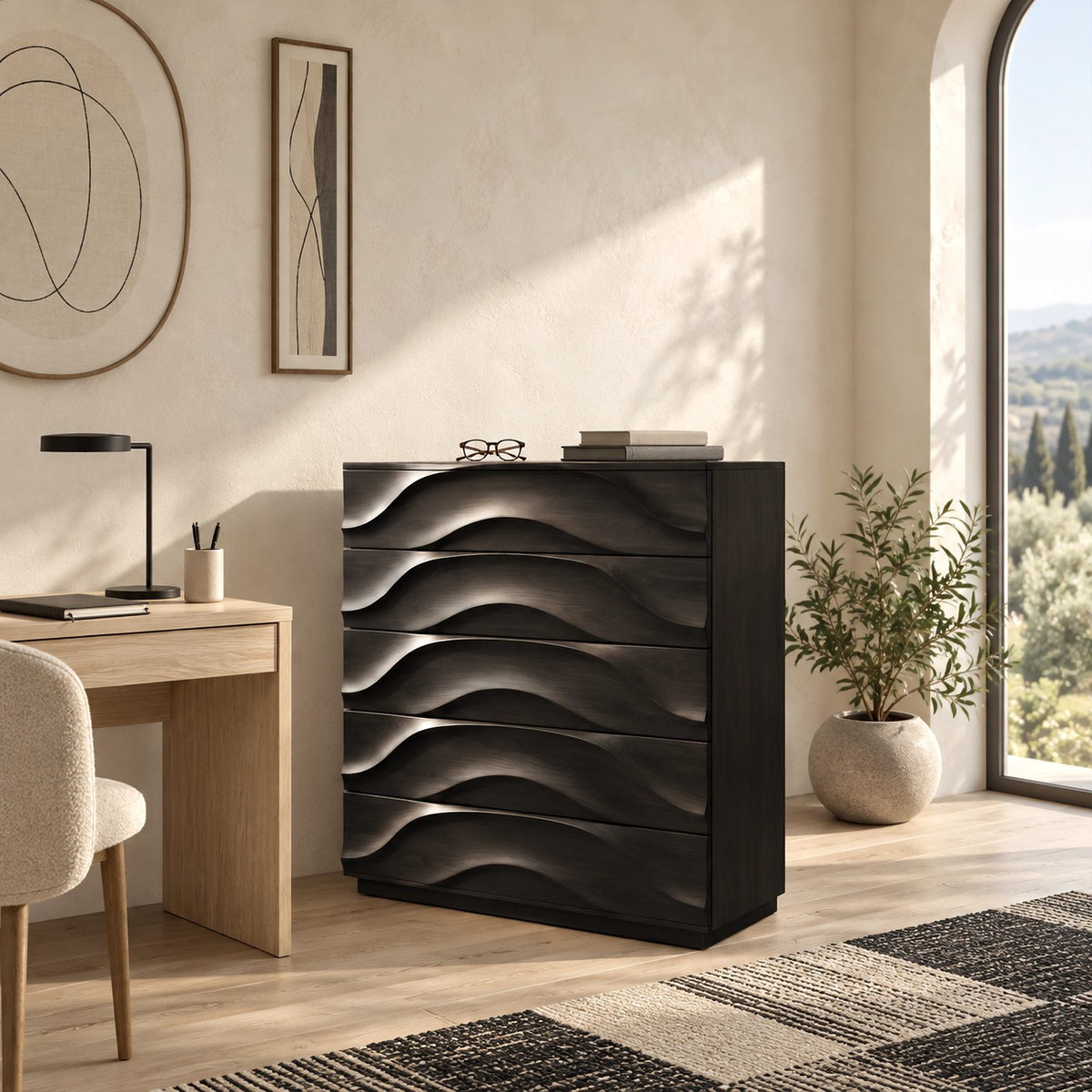 Handcrafted Solid Wood 5 Drawer Chest With Rippled Fronts For Bedroom