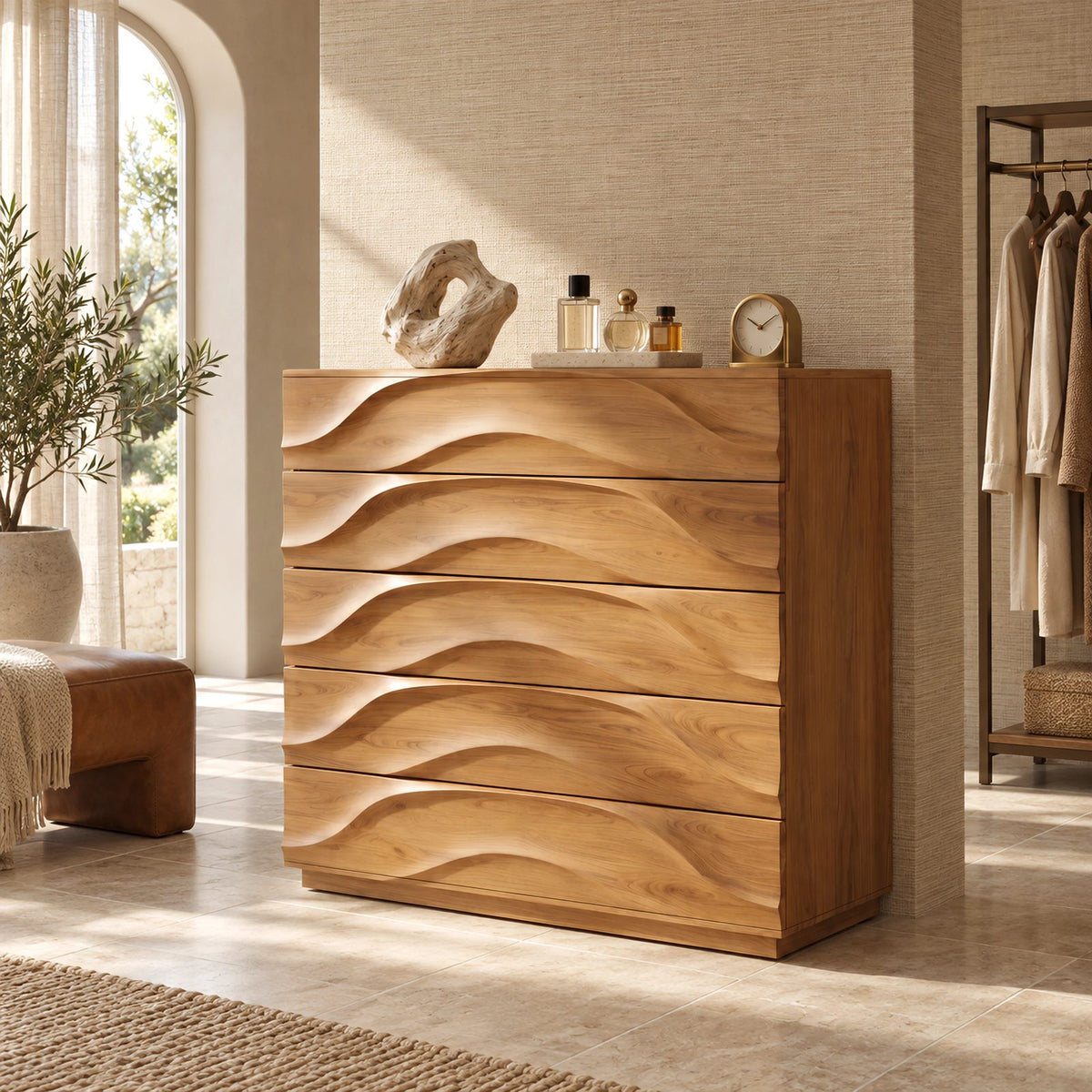 Handcrafted Solid Wood 5 Drawer Chest With Rippled Fronts For Bedroom
