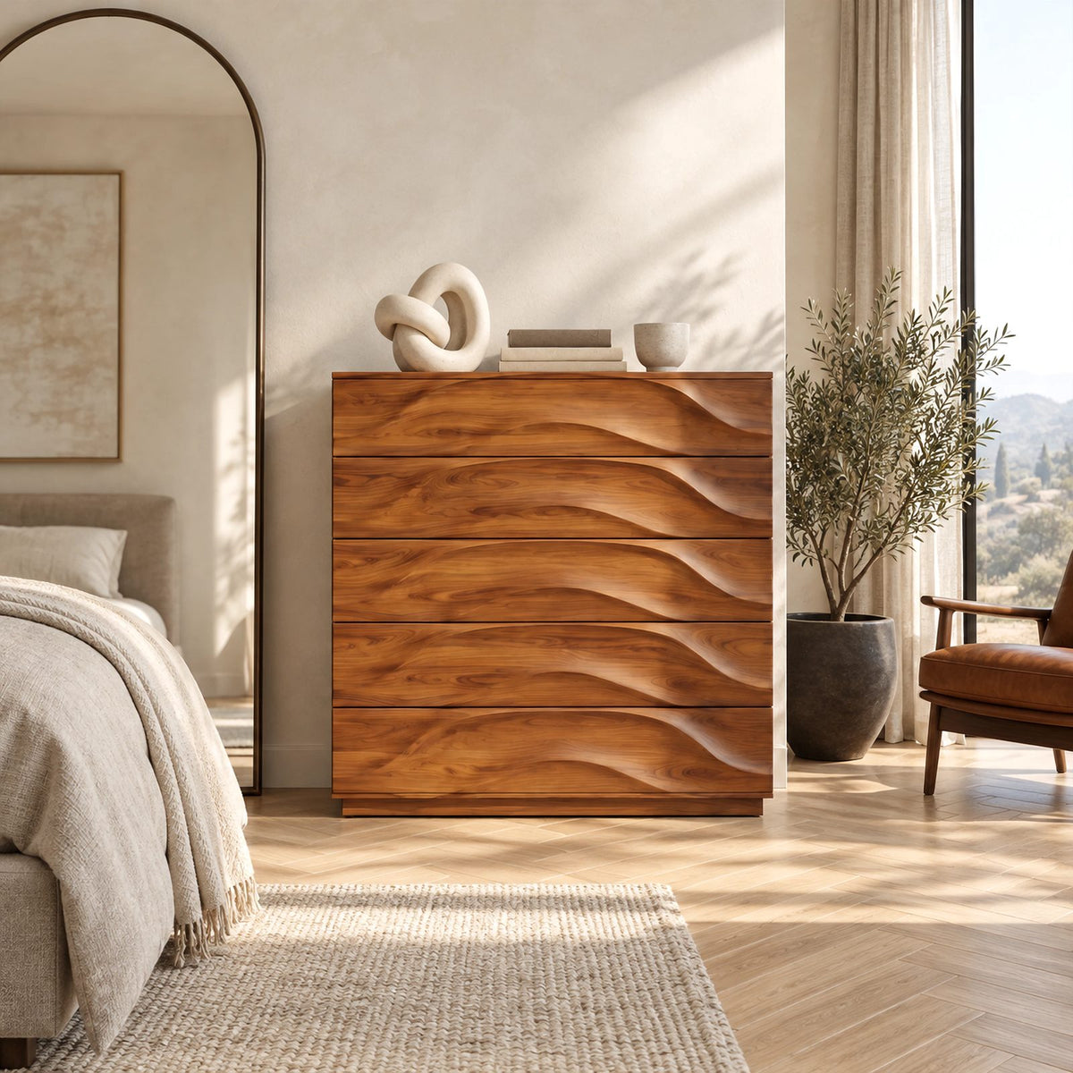 Handcrafted Solid Wood 5 Drawer Chest With Rippled Fronts For Bedroom