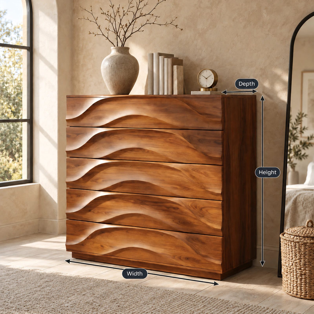 Handcrafted Solid Wood 5 Drawer Chest With Rippled Fronts For Bedroom
