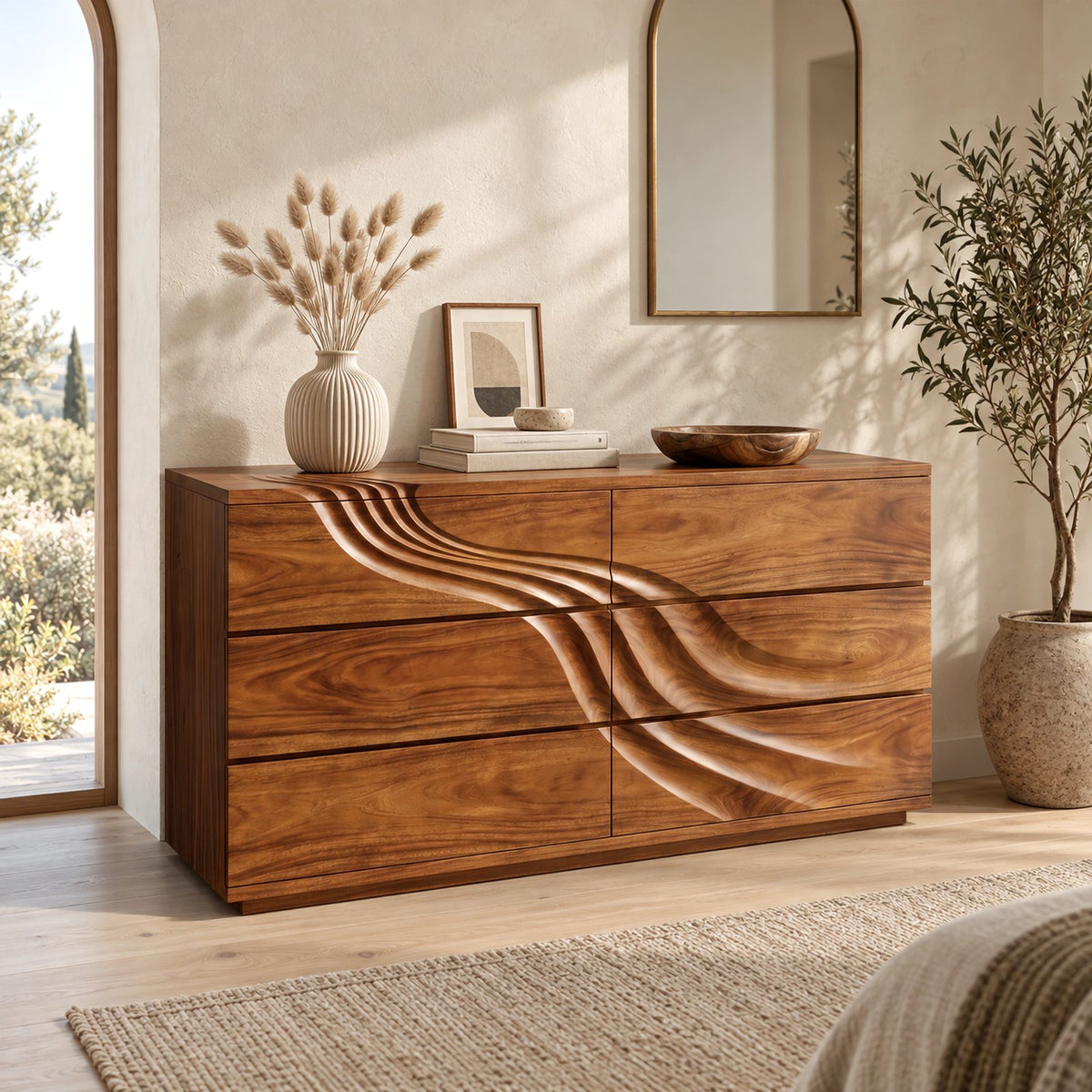 Artisan Wooden Double Dresser With Sweeping Carved Lines For Bedroom