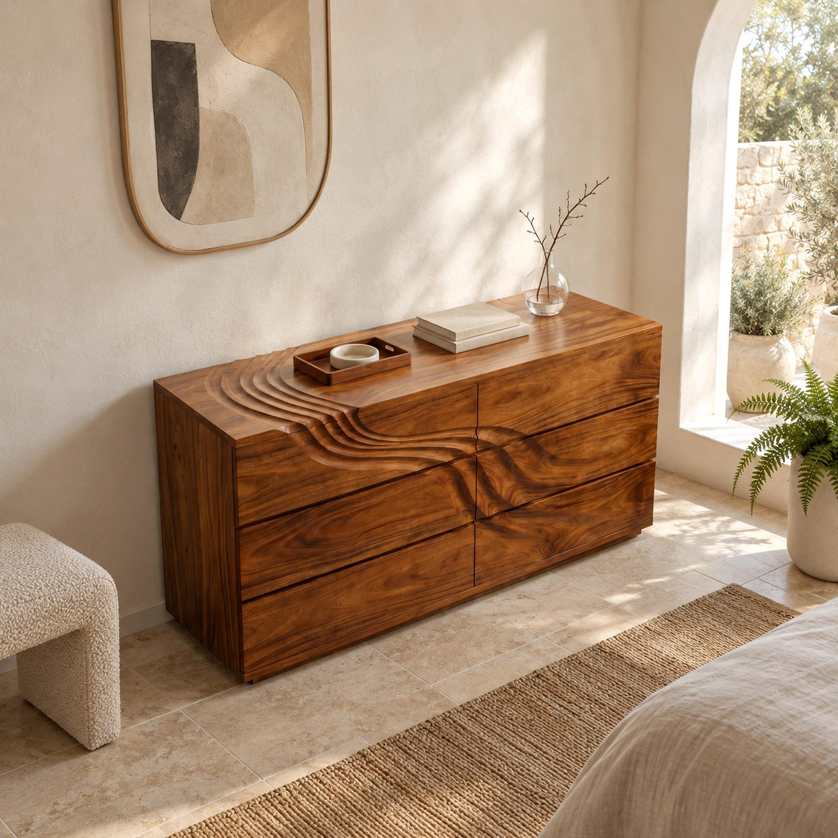 Artisan Wooden Double Dresser With Sweeping Carved Lines For Bedroom