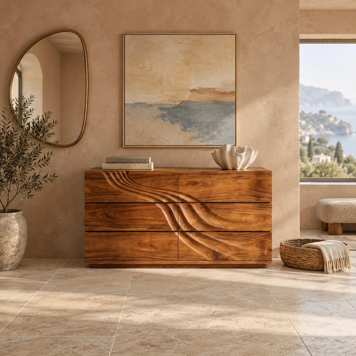 Artisan Wooden Double Dresser With Sweeping Carved Lines For Bedroom