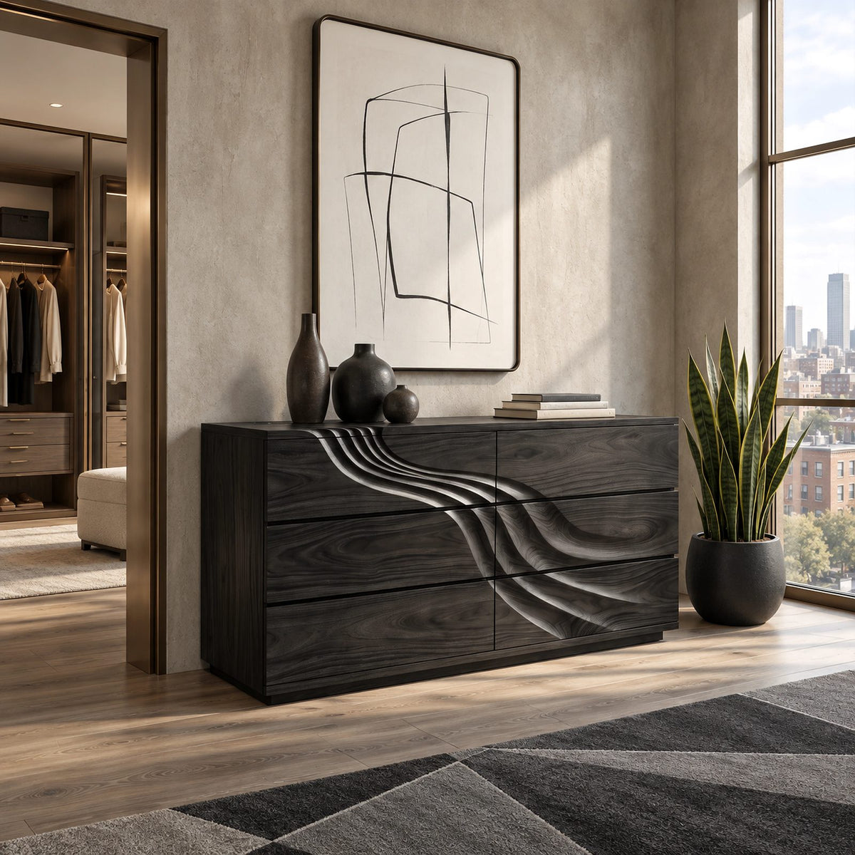 Artisan Wooden Double Dresser With Sweeping Carved Lines For Bedroom