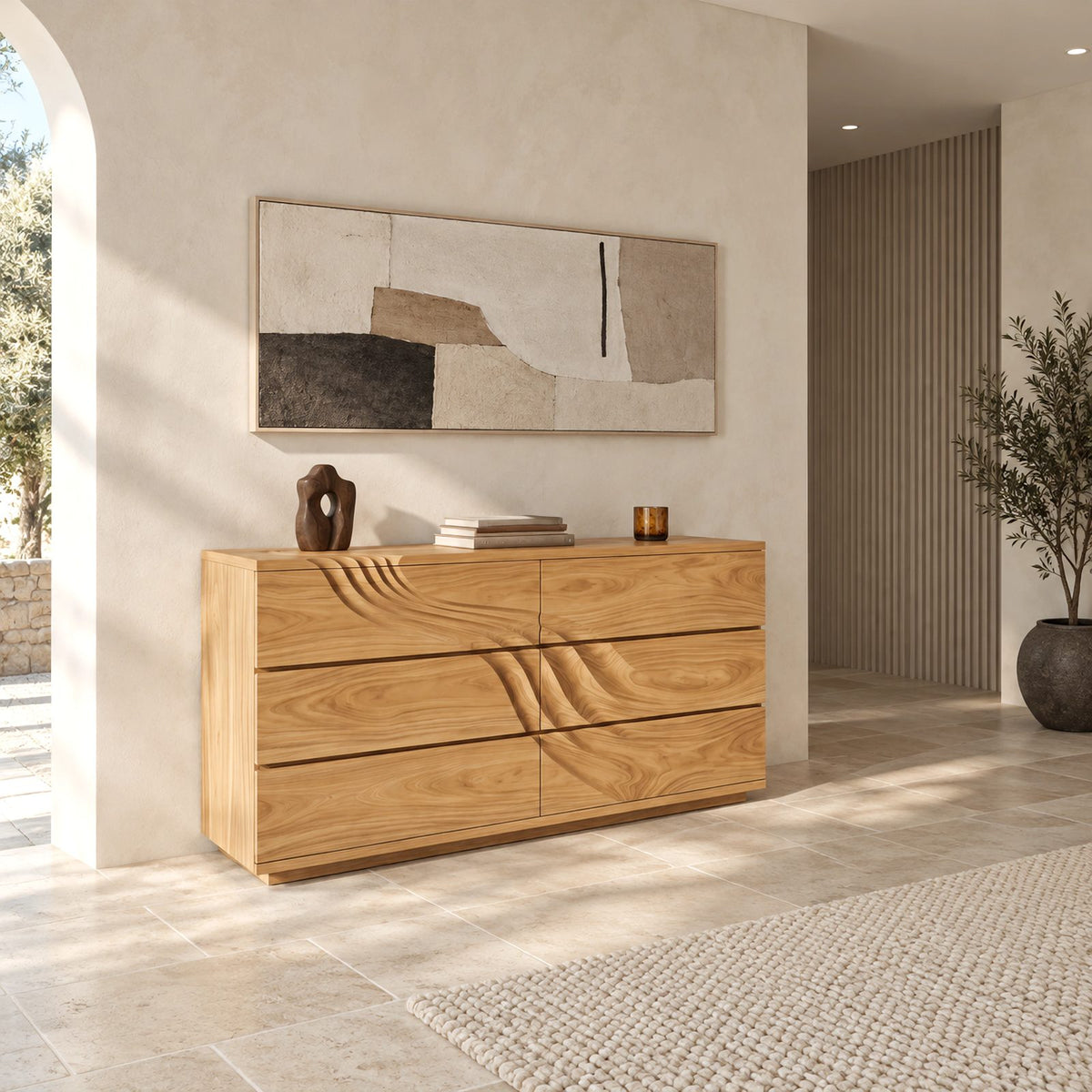 Artisan Wooden Double Dresser With Sweeping Carved Lines For Bedroom