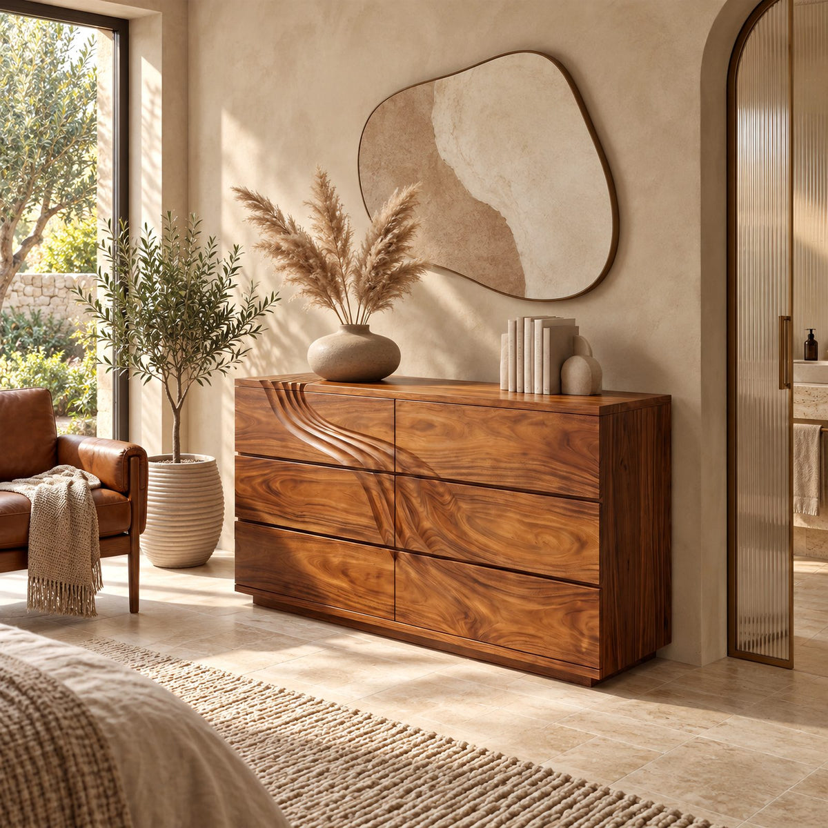 Artisan Wooden Double Dresser With Sweeping Carved Lines For Bedroom