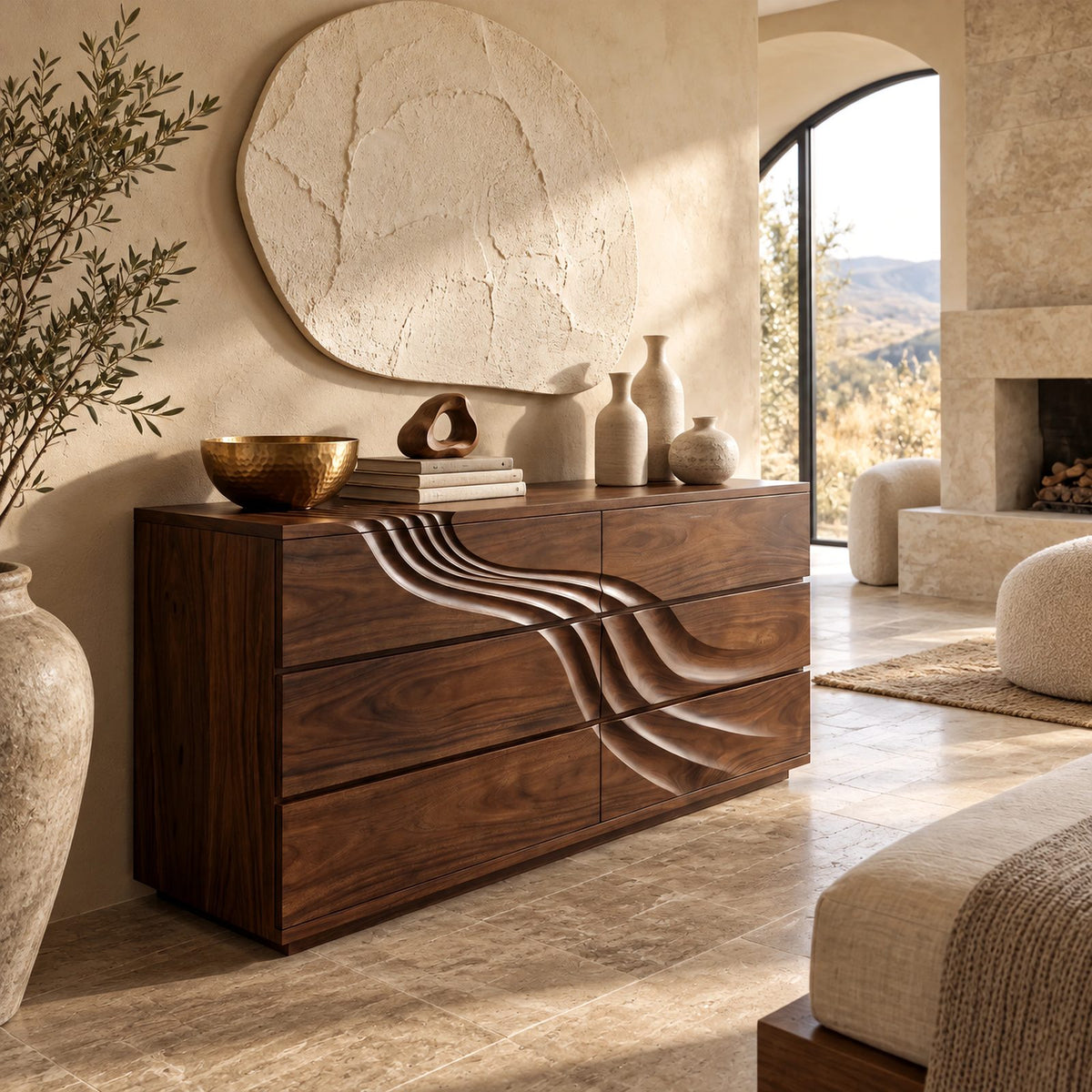 Artisan Wooden Double Dresser With Sweeping Carved Lines For Bedroom
