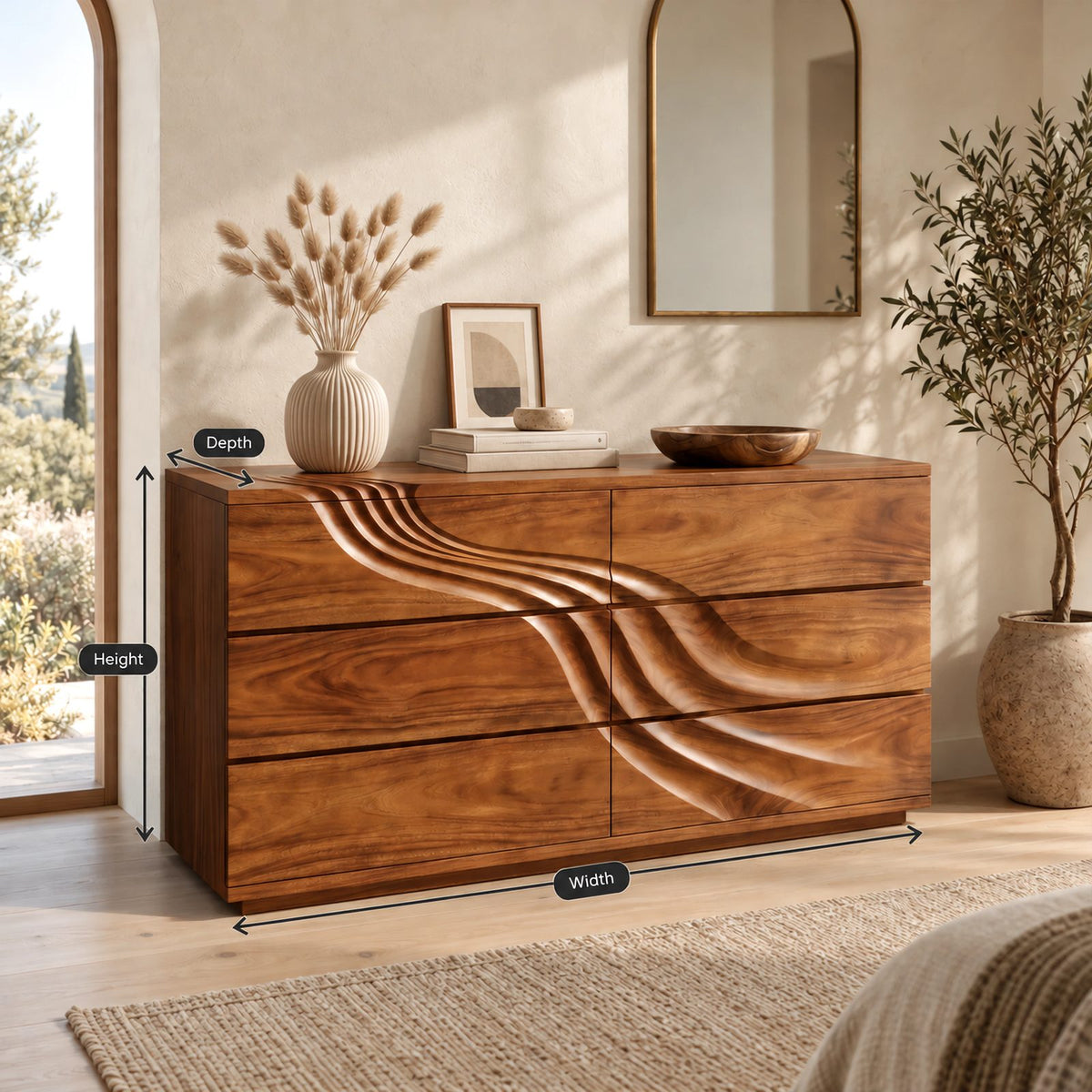Artisan Wooden Double Dresser With Sweeping Carved Lines For Bedroom