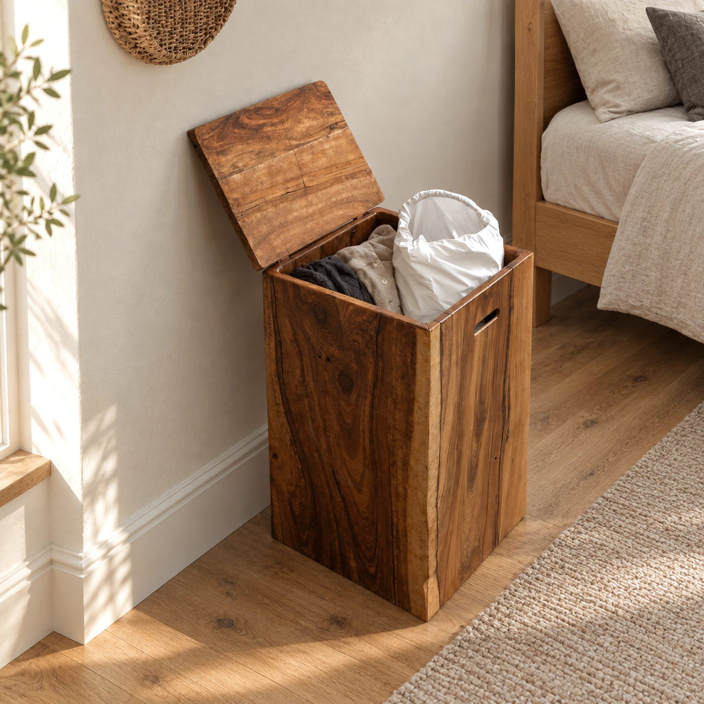 Rustic Solid Wood Laundry Hamper With Lift Up Lid For Bedroom