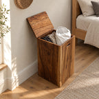 Rustic Solid Wood Laundry Hamper With Lift Up Lid For Bedroom