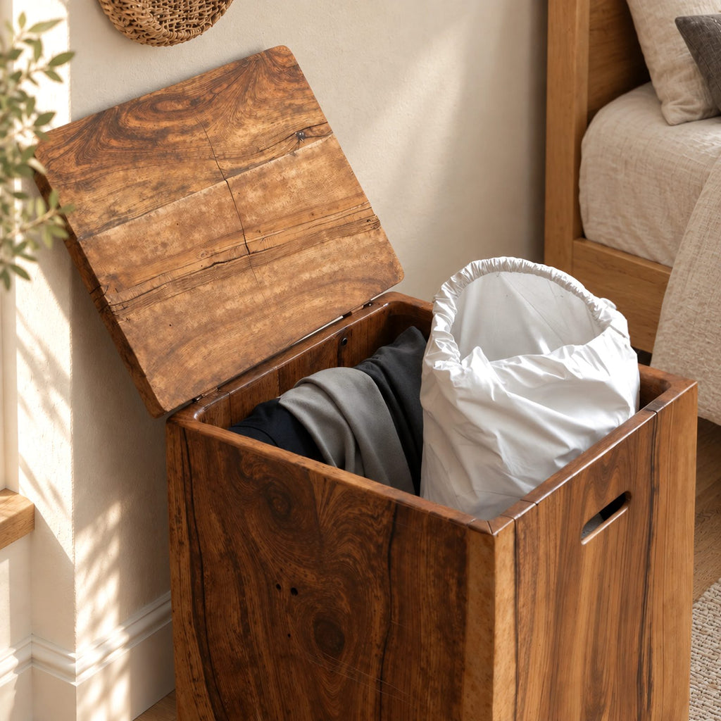 Rustic Solid Wood Laundry Hamper With Lift Up Lid For Bedroom