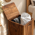 Rustic Solid Wood Laundry Hamper With Lift Up Lid For Bedroom