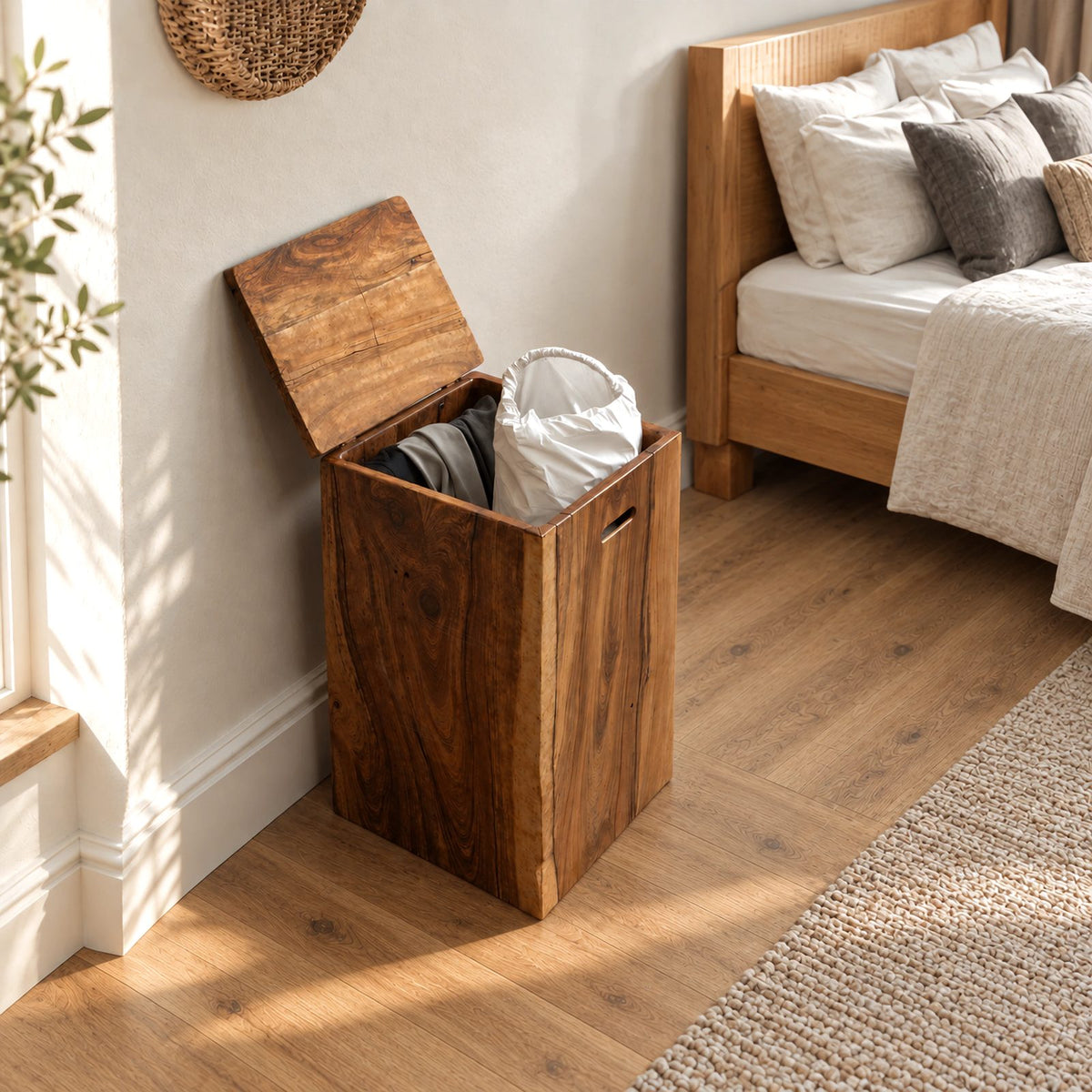 Rustic Solid Wood Laundry Hamper With Lift Up Lid For Bedroom