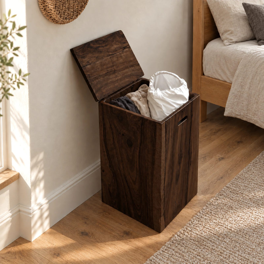 Rustic Solid Wood Laundry Hamper With Lift Up Lid For Bedroom