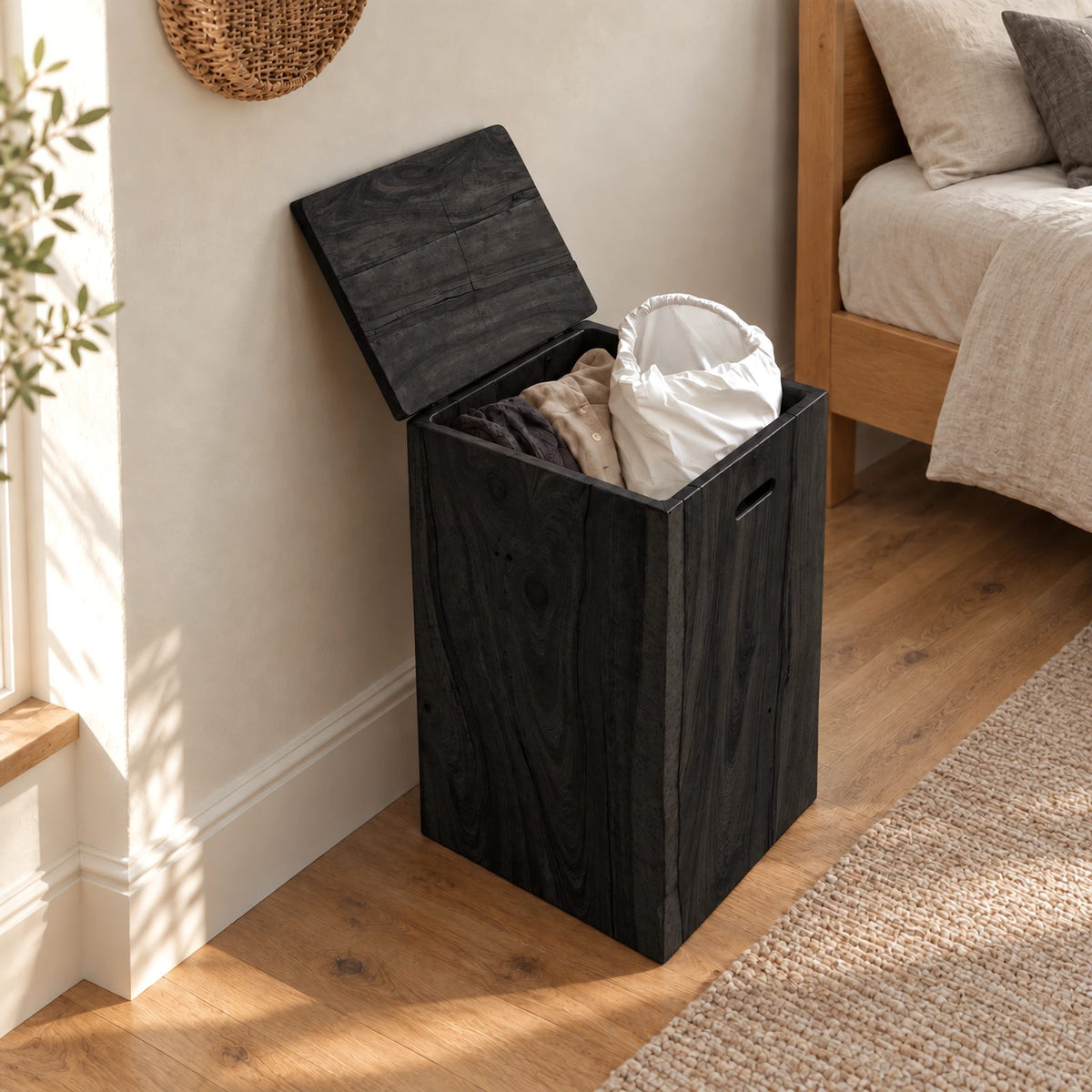 Rustic Solid Wood Laundry Hamper With Lift Up Lid For Bedroom