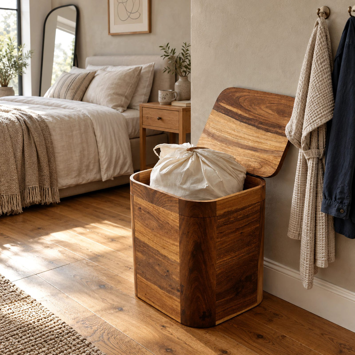 Classic Rounded Corner Wood Laundry Hamper With Curved Lid For Bedroom