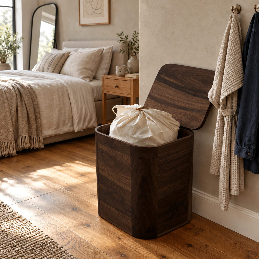 Classic Rounded Corner Wood Laundry Hamper With Curved Lid For Bedroom