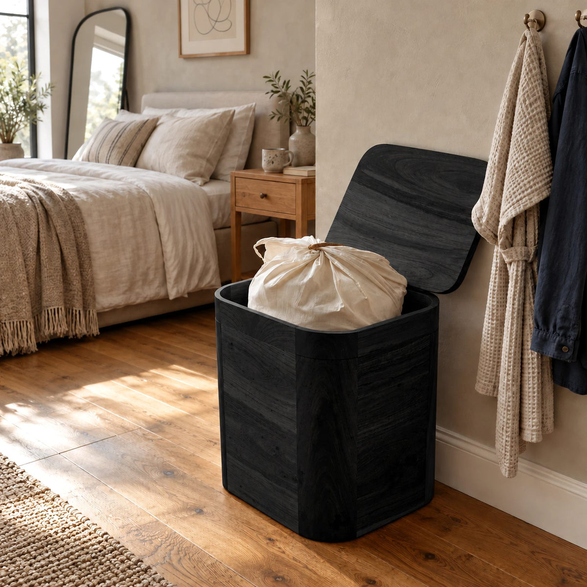 Classic Rounded Corner Wood Laundry Hamper With Curved Lid For Bedroom