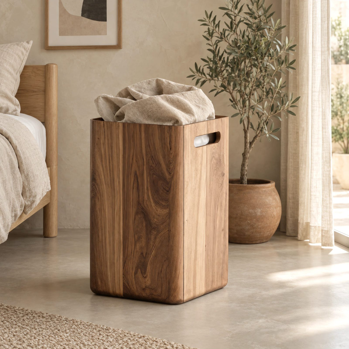Scandinavian Tall Wooden Storage Bin With Side Handle Cutouts For Bedroom