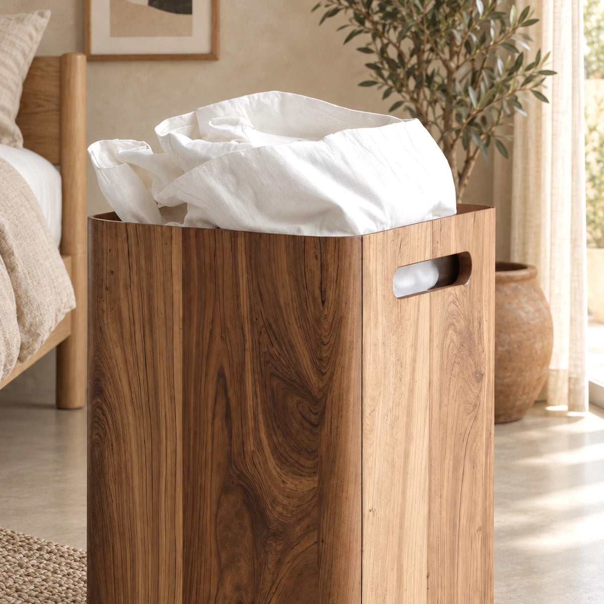 Scandinavian Tall Wooden Storage Bin With Side Handle Cutouts For Bedroom