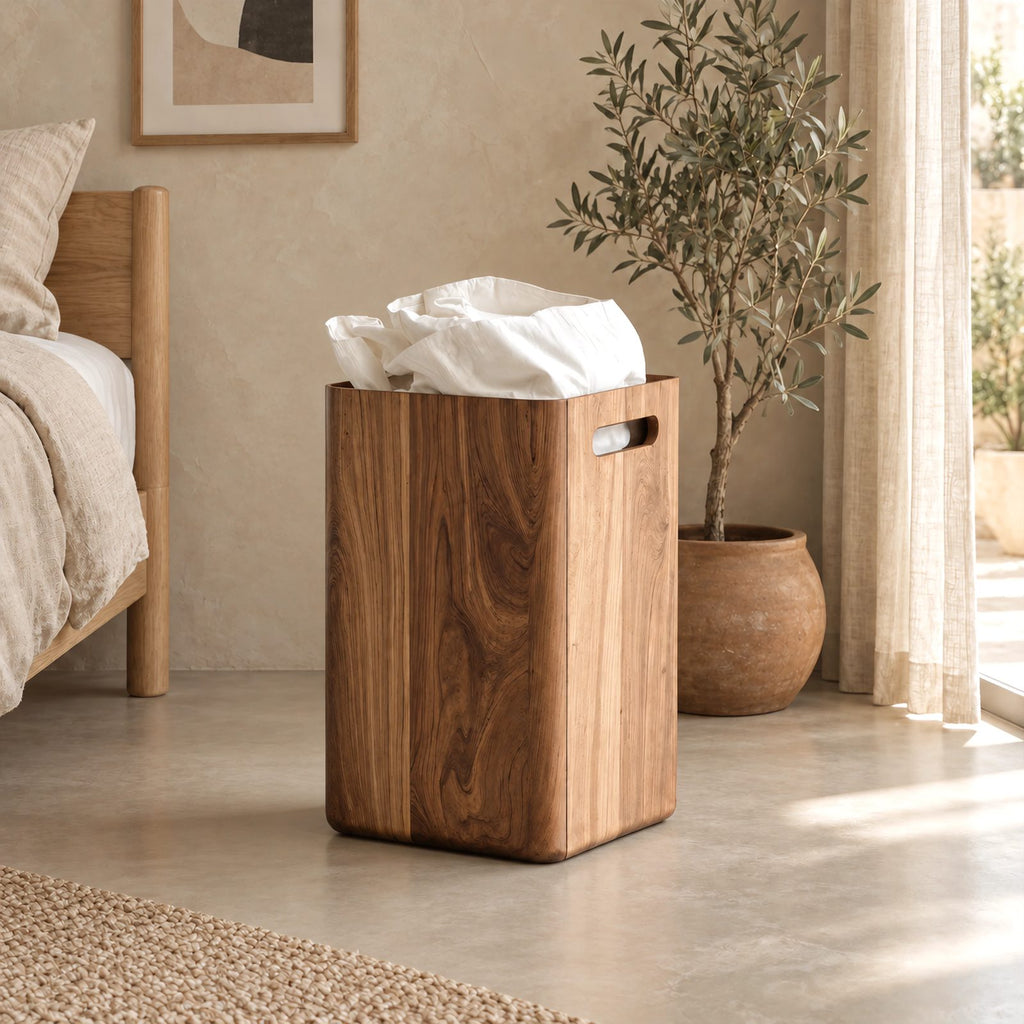 Scandinavian Tall Wooden Storage Bin With Side Handle Cutouts For Bedroom