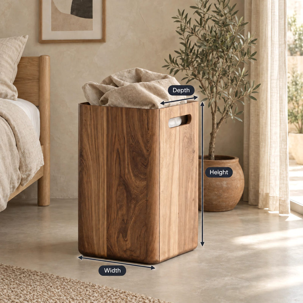 Scandinavian Tall Wooden Storage Bin With Side Handle Cutouts For Bedroom