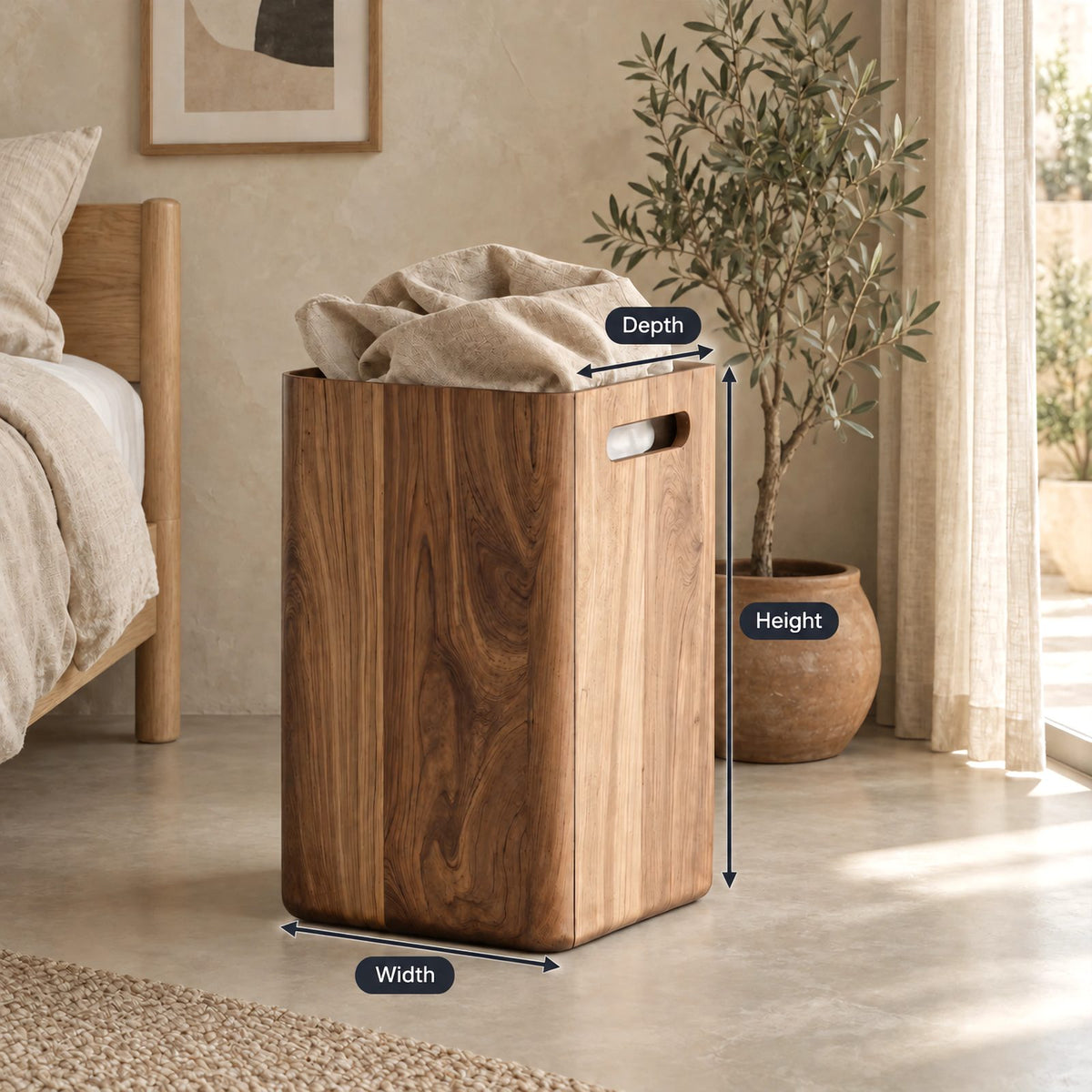 Scandinavian Tall Wooden Storage Bin With Side Handle Cutouts For Bedroom