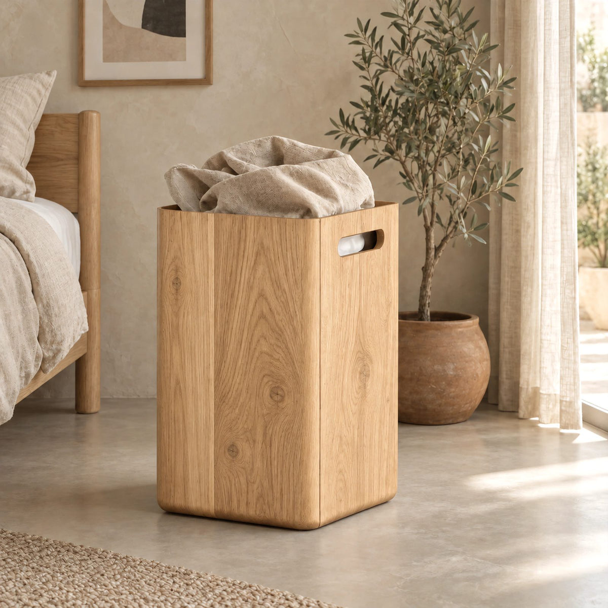 Scandinavian Tall Wooden Storage Bin With Side Handle Cutouts For Bedroom