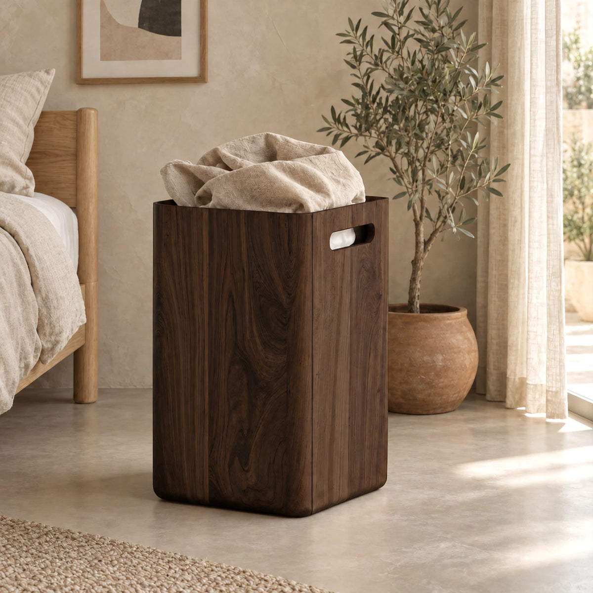 Scandinavian Tall Wooden Storage Bin With Side Handle Cutouts For Bedroom