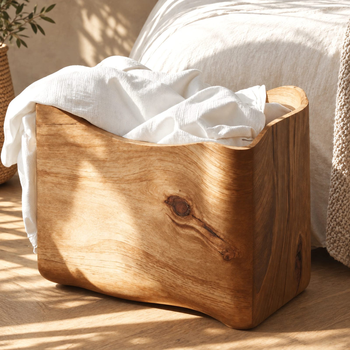 Sculptural Curved Solid Wood Storage Bin With Flared Rim For Bedroom