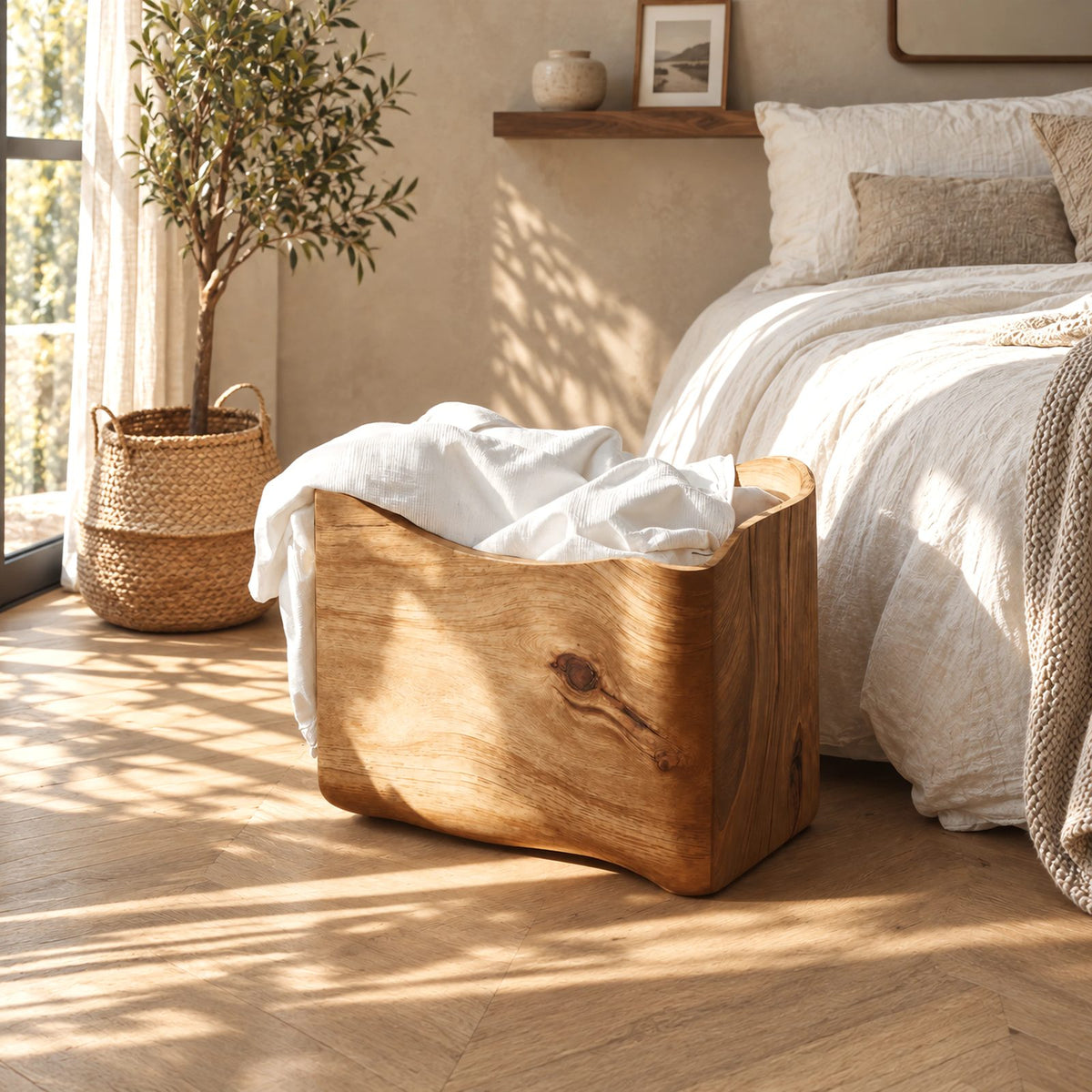 Sculptural Curved Solid Wood Storage Bin With Flared Rim For Bedroom