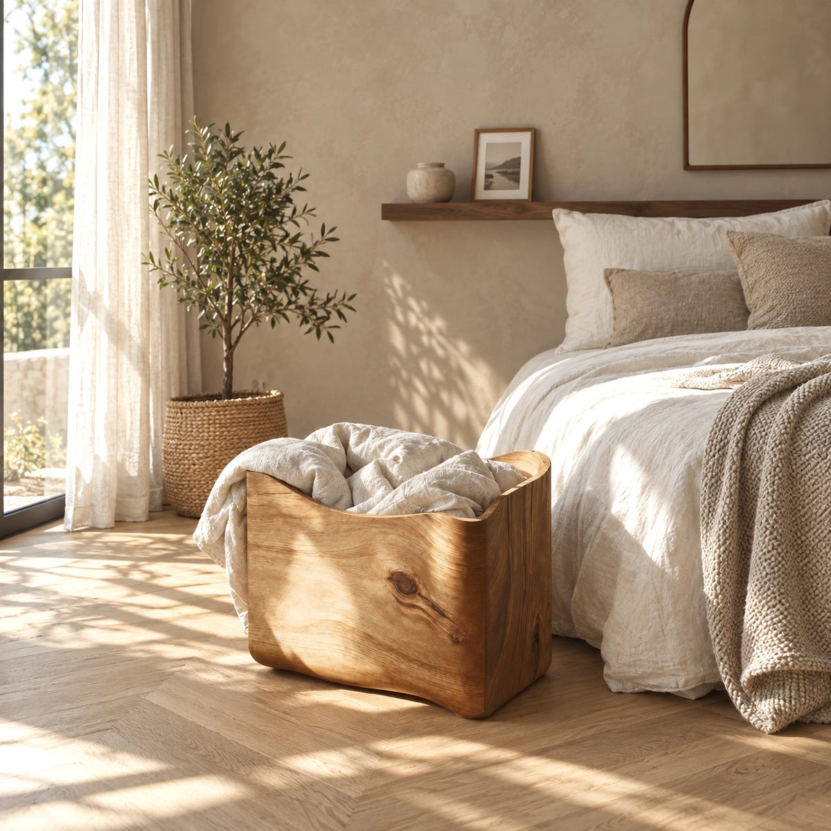 Sculptural Curved Solid Wood Storage Bin With Flared Rim For Bedroom