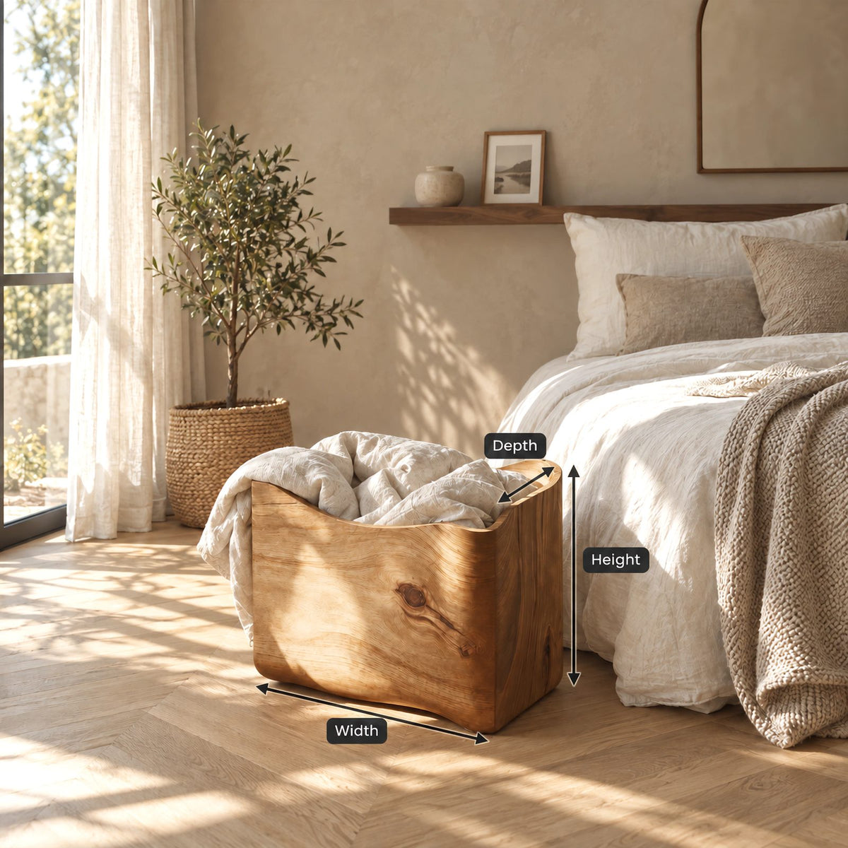 Sculptural Curved Solid Wood Storage Bin With Flared Rim For Bedroom
