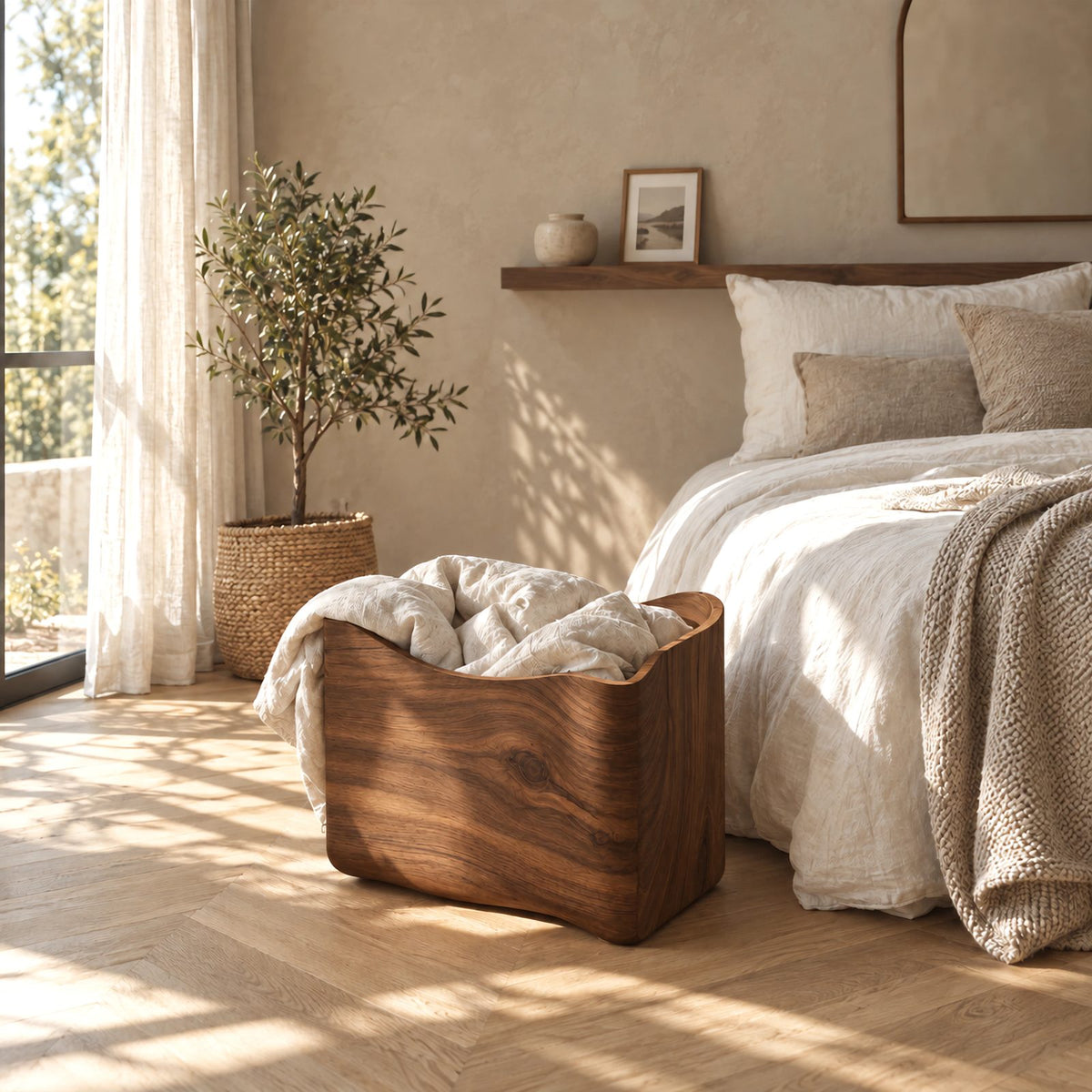Sculptural Curved Solid Wood Storage Bin With Flared Rim For Bedroom