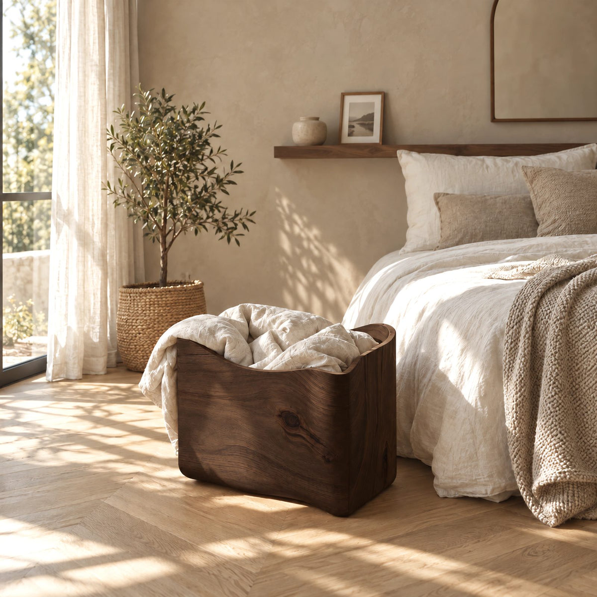 Sculptural Curved Solid Wood Storage Bin With Flared Rim For Bedroom