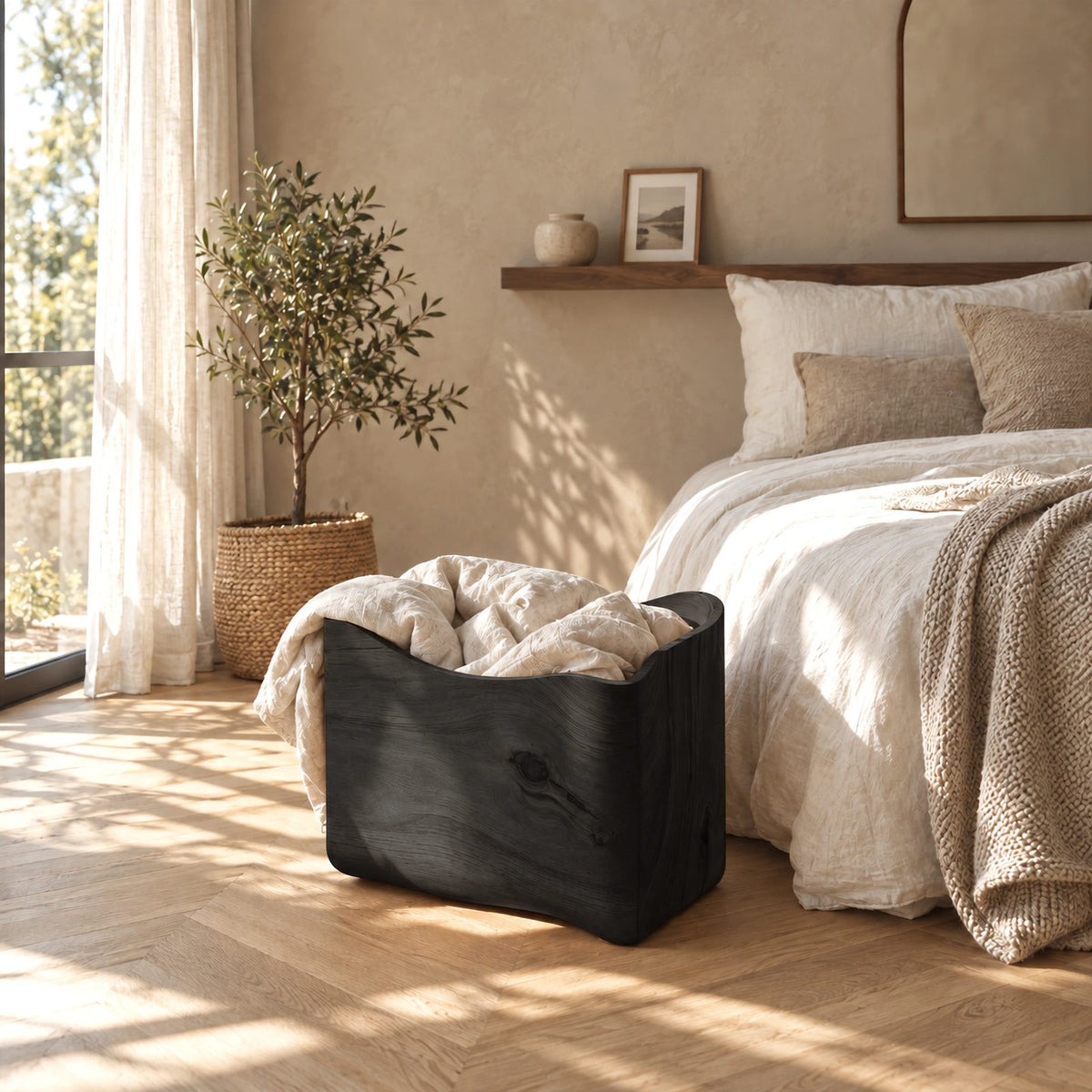 Sculptural Curved Solid Wood Storage Bin With Flared Rim For Bedroom