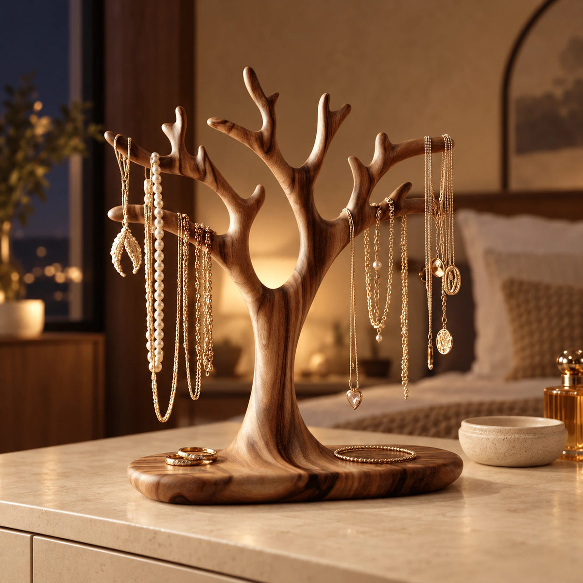 Organic Carved Wood Jewelry Tree Stand With Ring Dish Base For Bedroom