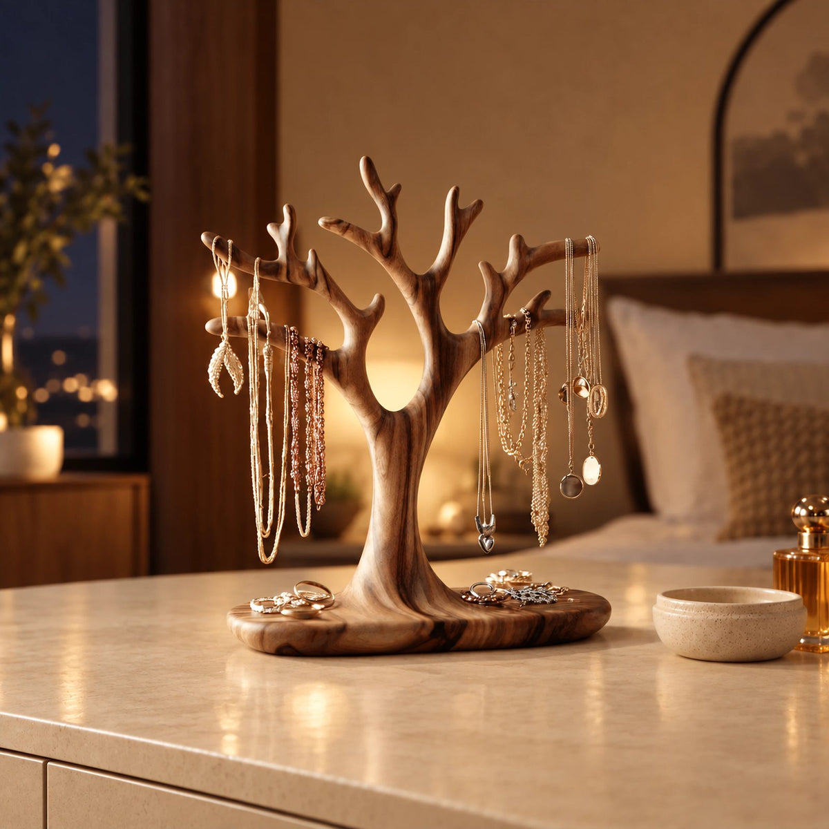 Organic Carved Wood Jewelry Tree Stand With Ring Dish Base For Bedroom
