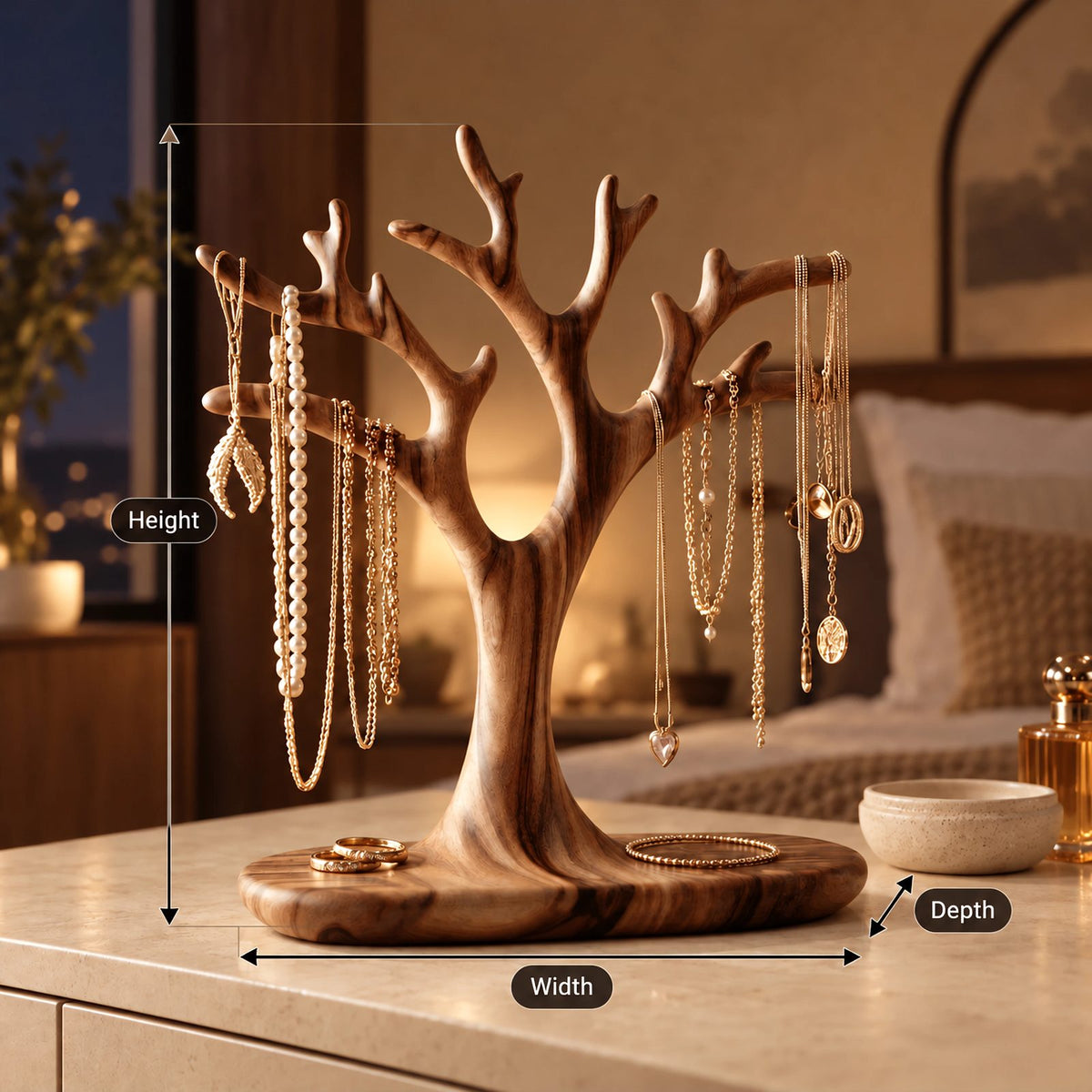 Organic Carved Wood Jewelry Tree Stand With Ring Dish Base For Bedroom
