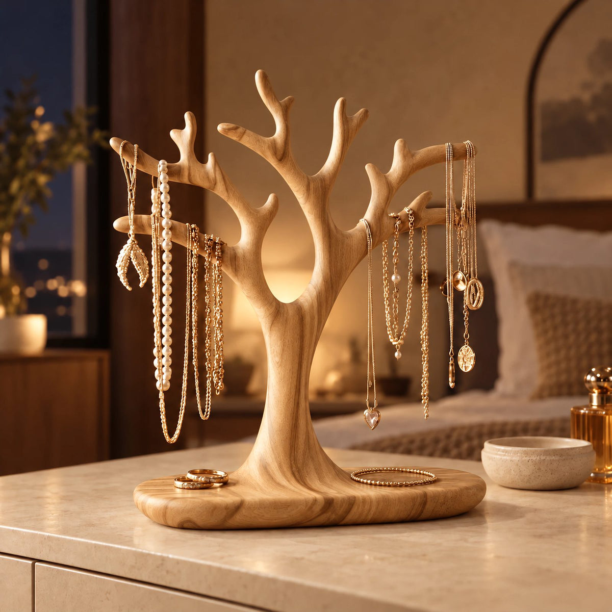 Organic Carved Wood Jewelry Tree Stand With Ring Dish Base For Bedroom