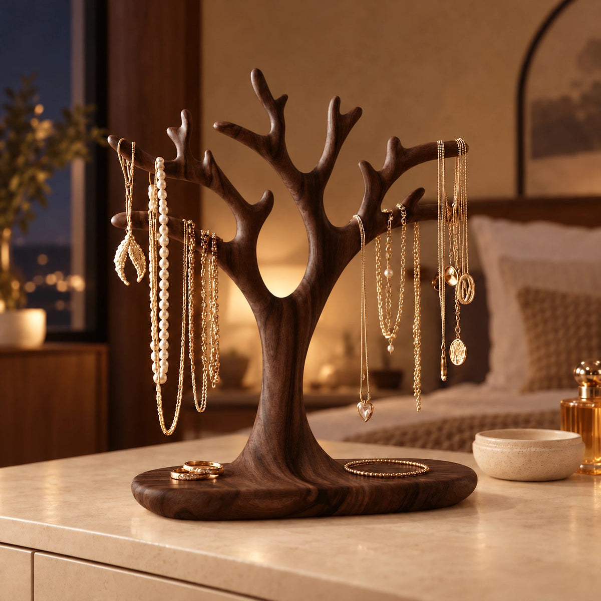Organic Carved Wood Jewelry Tree Stand With Ring Dish Base For Bedroom