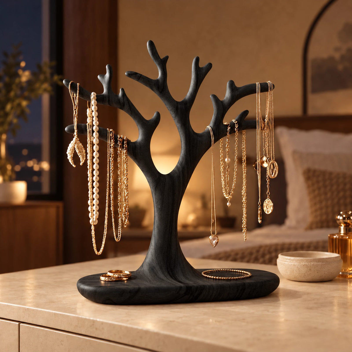 Organic Carved Wood Jewelry Tree Stand With Ring Dish Base For Bedroom